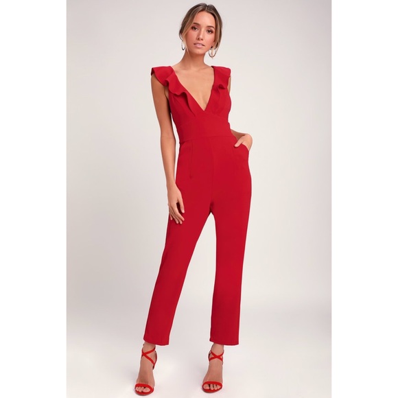 Lulus Leilani Red Ruffled Jumpsuit Large - Picture 1 of 14